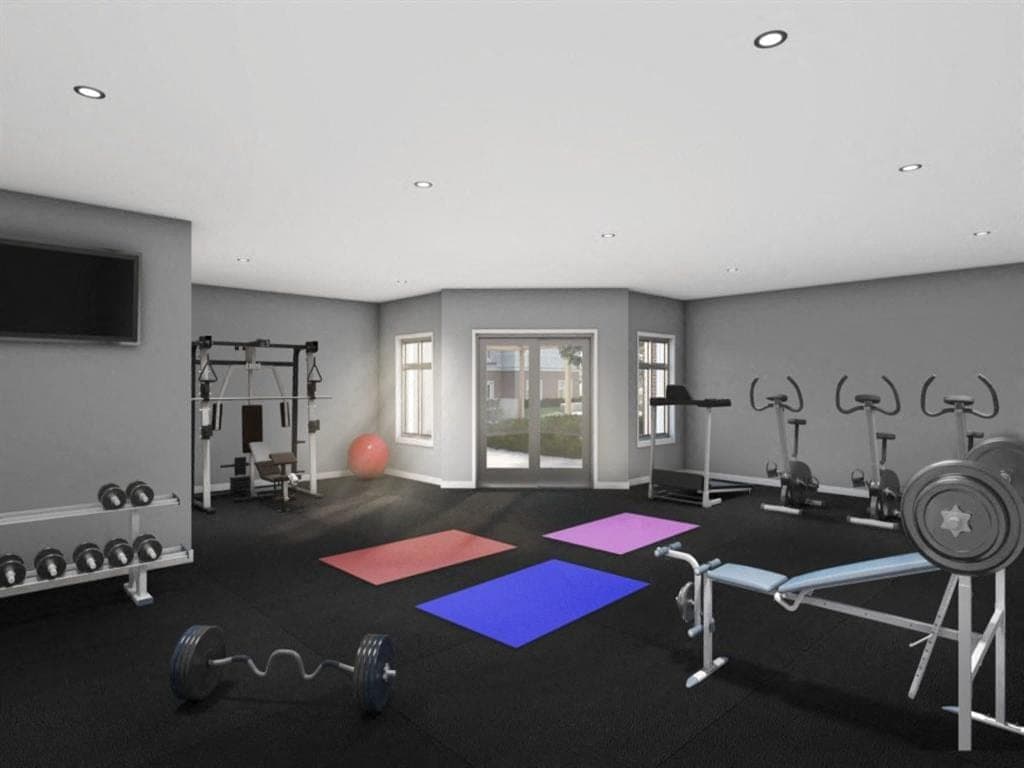 Architectural rendering of the fitness room at The Frontenac, with free weights and mats
