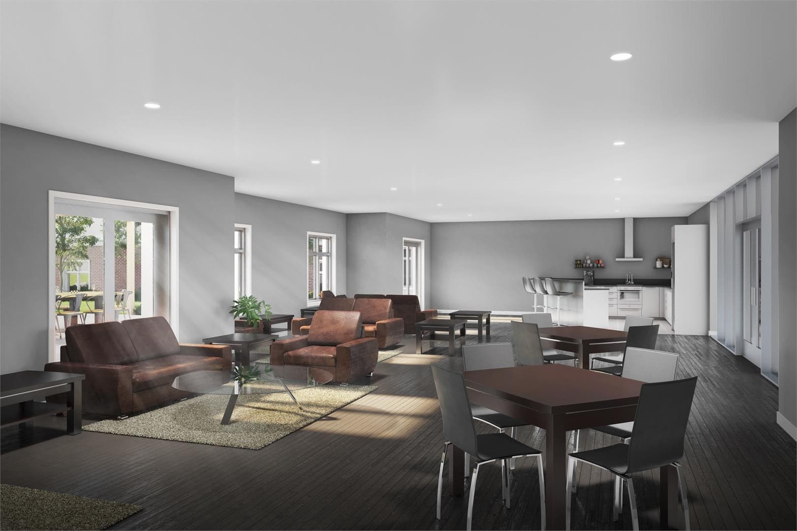 Architectural rendering of the interior lounge at The Frontenac, with armchairs, dining tables and a kitchen
